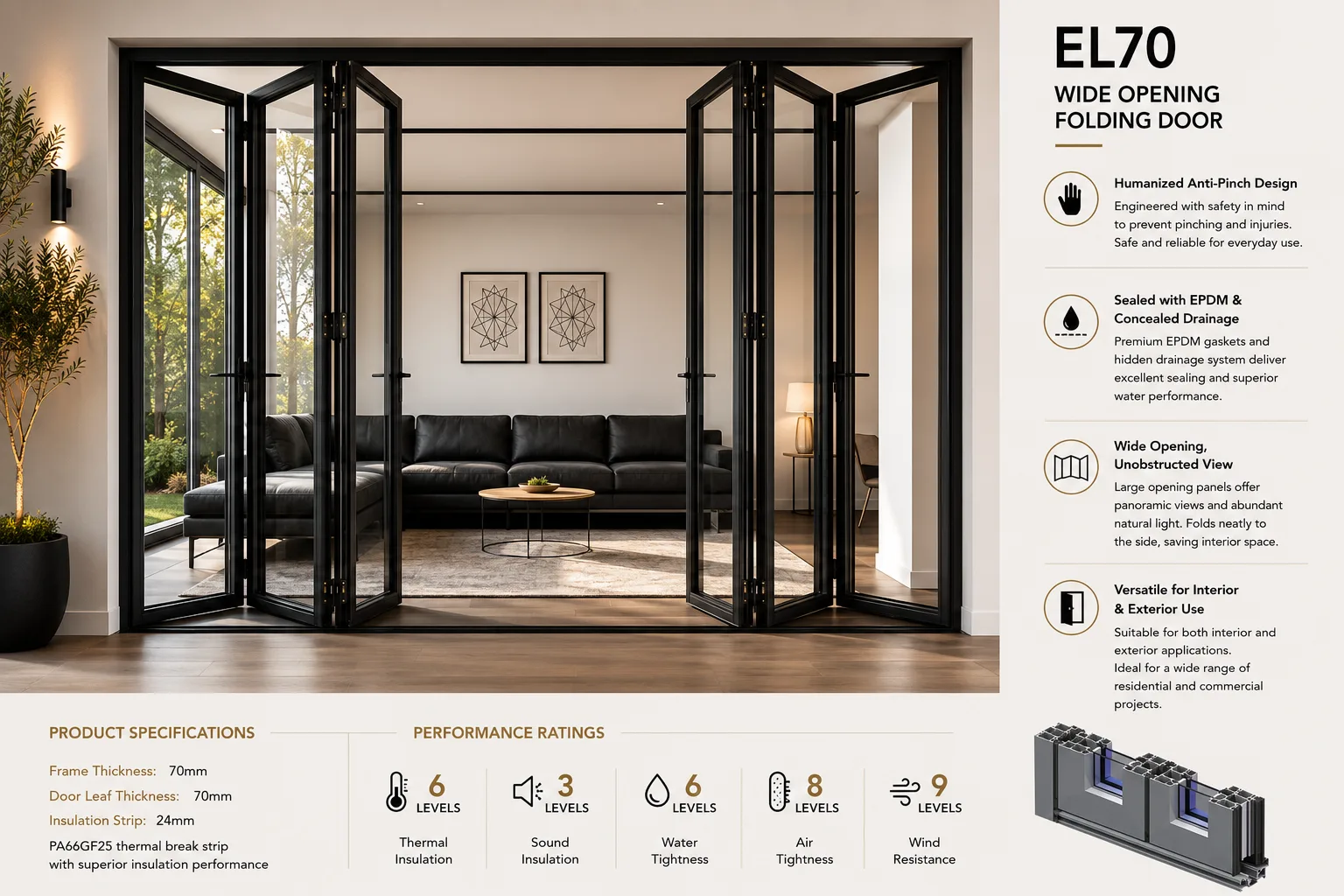 EL70 wide opening folding door with slim aluminum frames in a living room