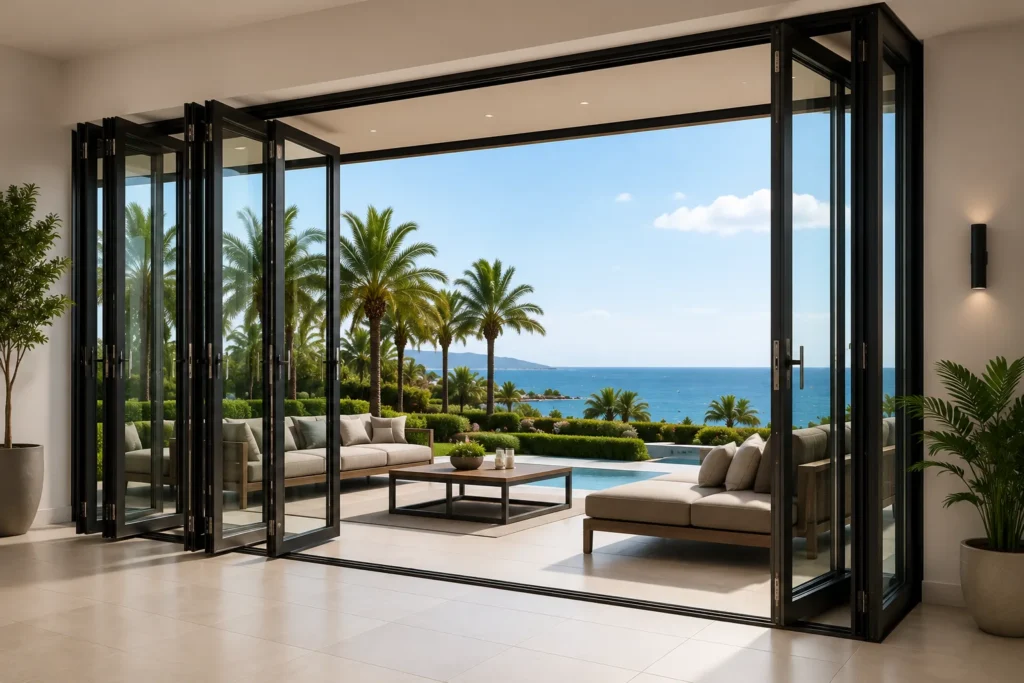 EL70 wide opening folding door connecting a villa living room to the terrace