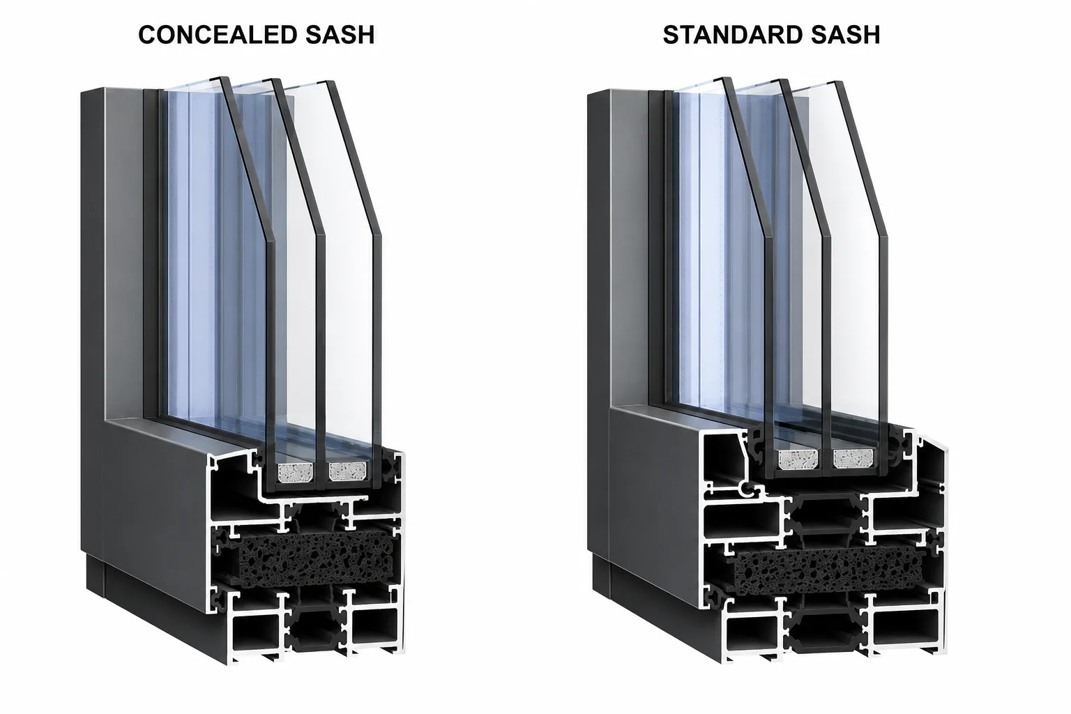 Slim frame window profile — concealed sash compared with standard sash