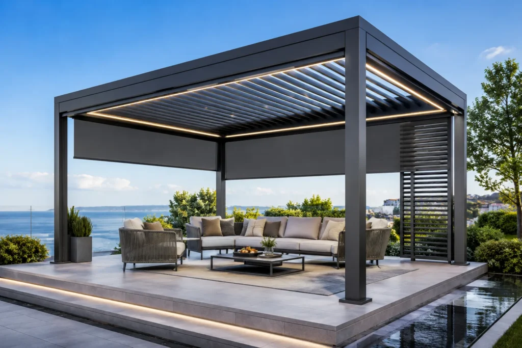 Motorised aluminium louvered pergola for villa courtyards and hotel terraces