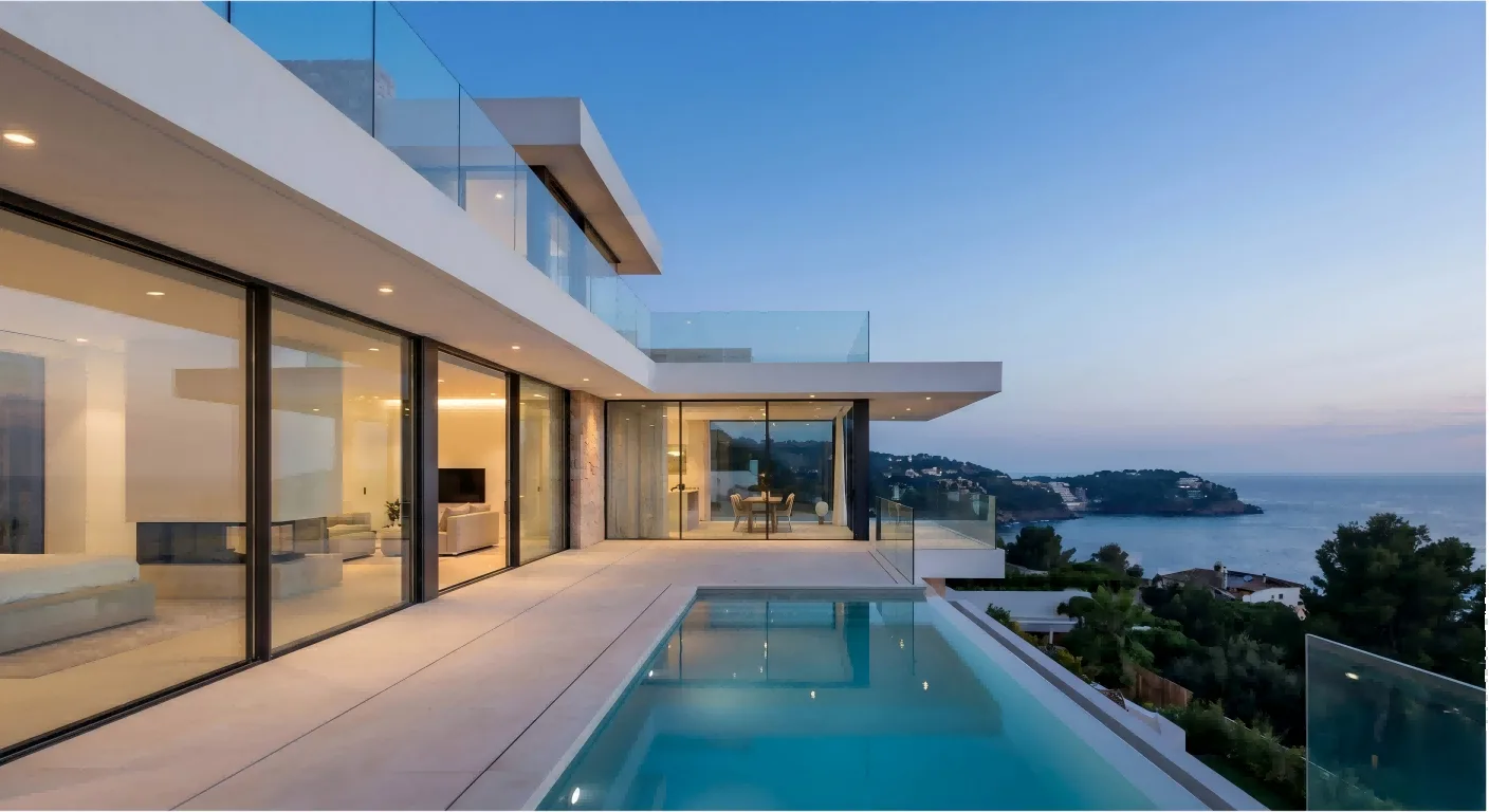 Modern luxury villa with large aluminium sliding glass doors and a pool terrace