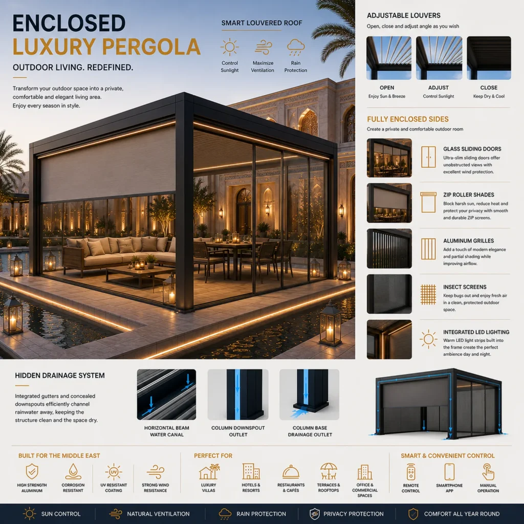 Enclosed luxury pergola with sliding glass walls