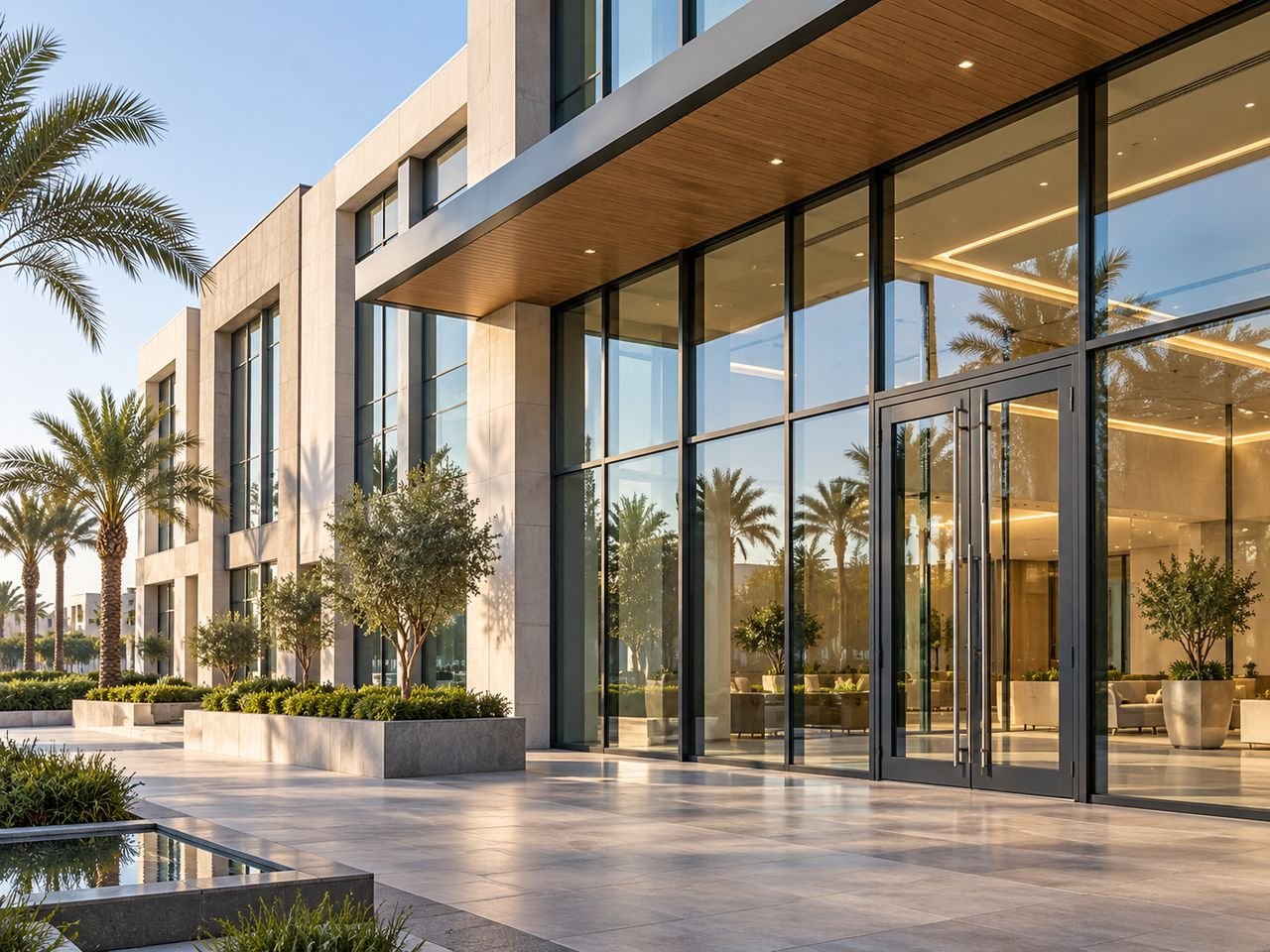 Commercial building facade with slim-frame aluminium curtain wall
