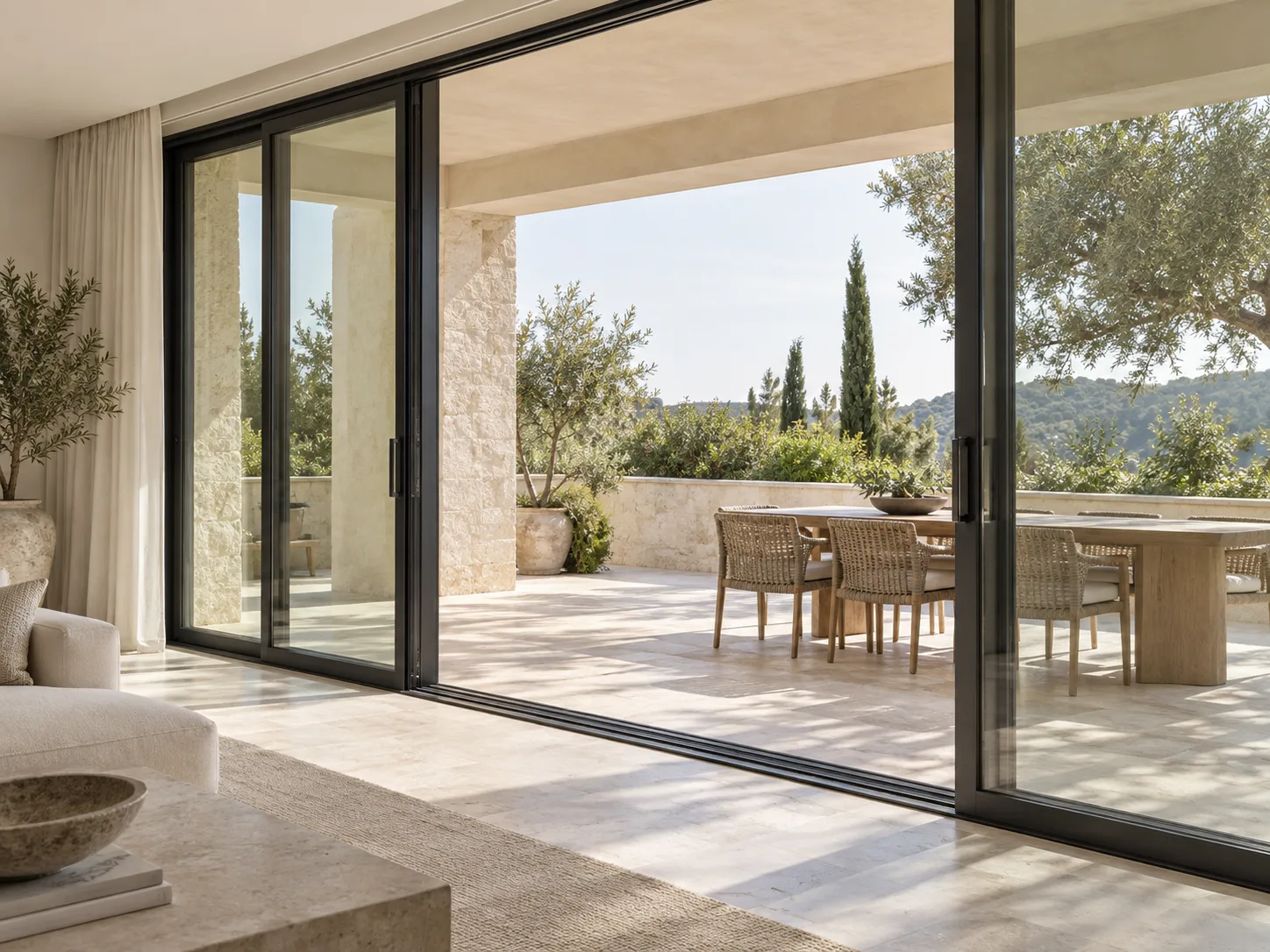 Wide sliding aluminum doors opening onto a terrace for large openings