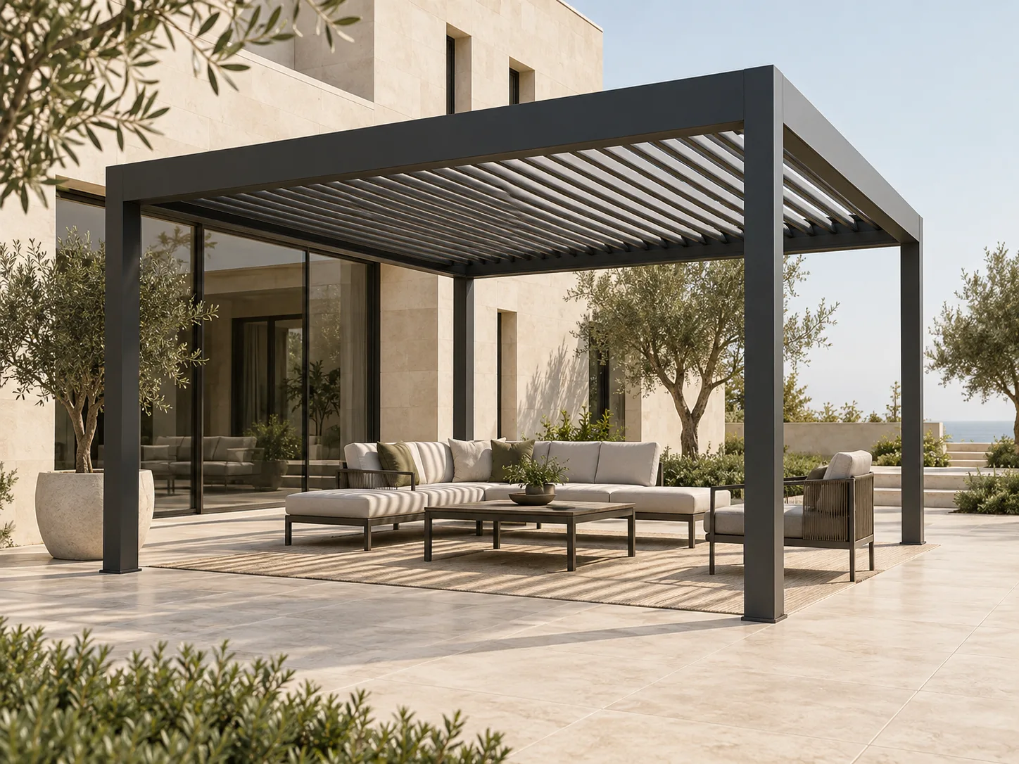 Motorized aluminum pergola over an outdoor lounge terrace