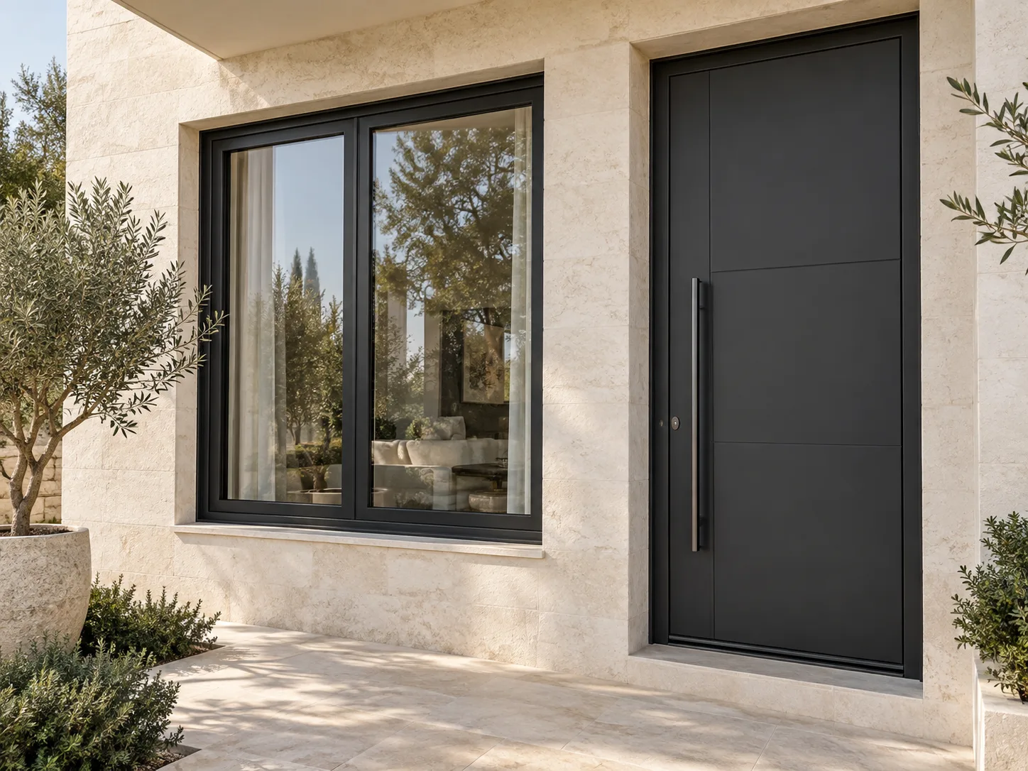 Casement window and entrance door in a slim black aluminum system