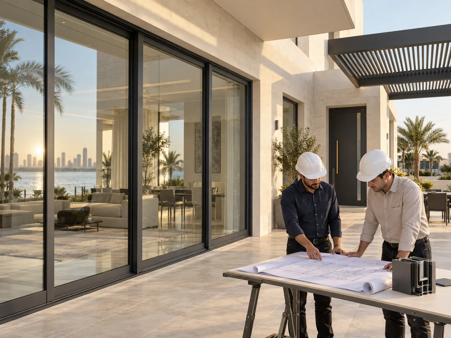 Contractor and engineer reviewing aluminum window and door drawings on a project site
