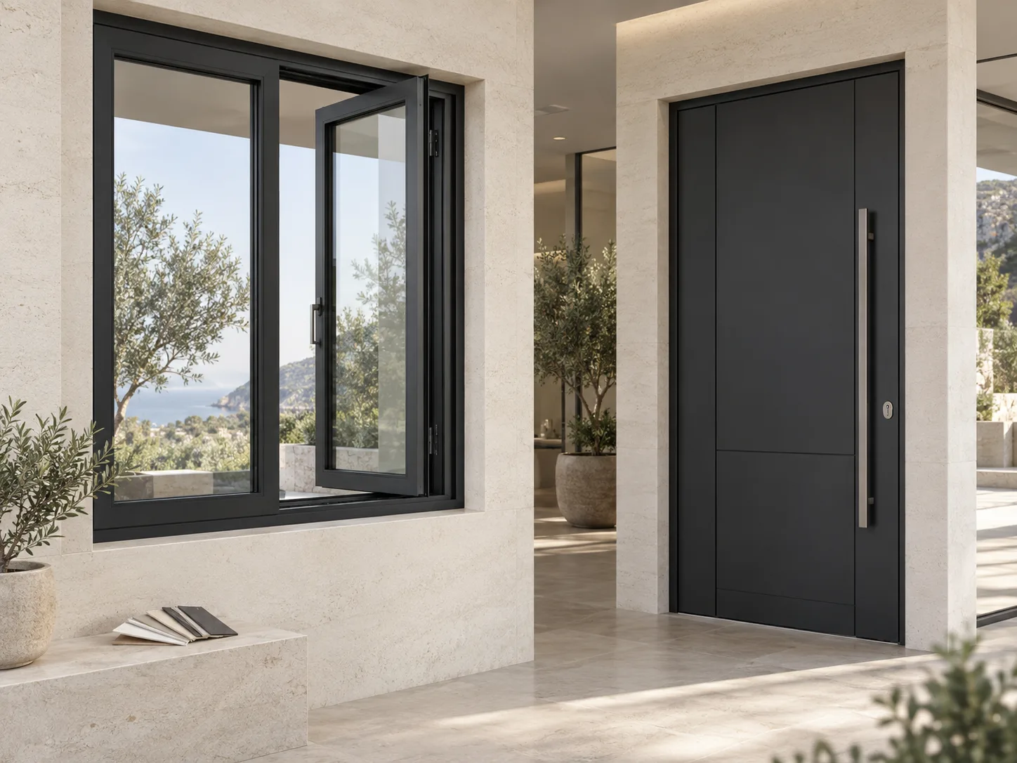 Casement window and entrance door range with finish samples for dealers