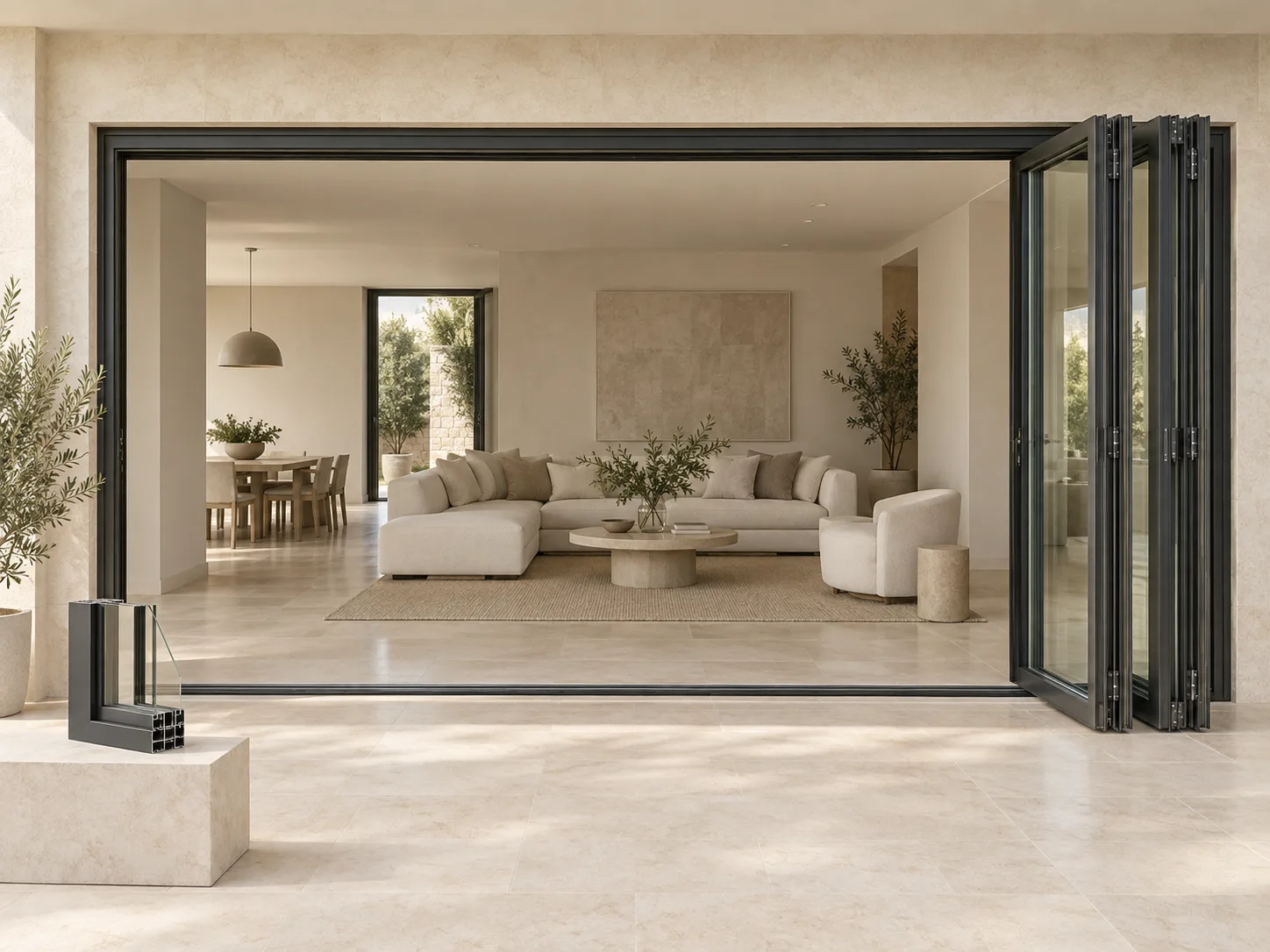Folding aluminum door system for wide openings in a dealer range