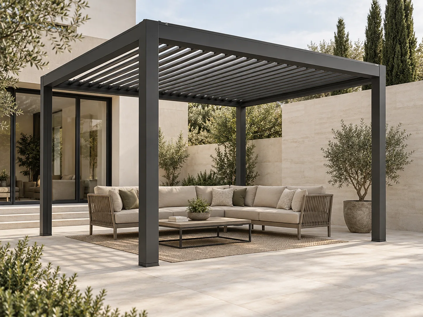 Motorized pergola for outdoor living projects in a dealer range