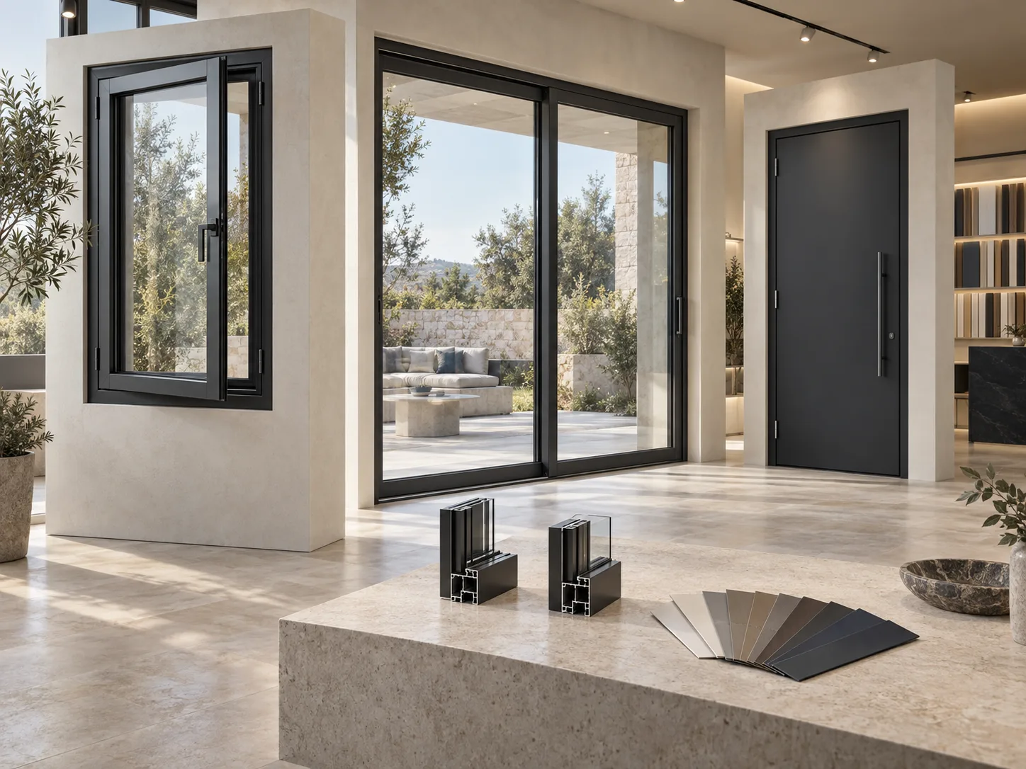 Showroom display with casement window, sliding door, entrance door and finish samples for dealers