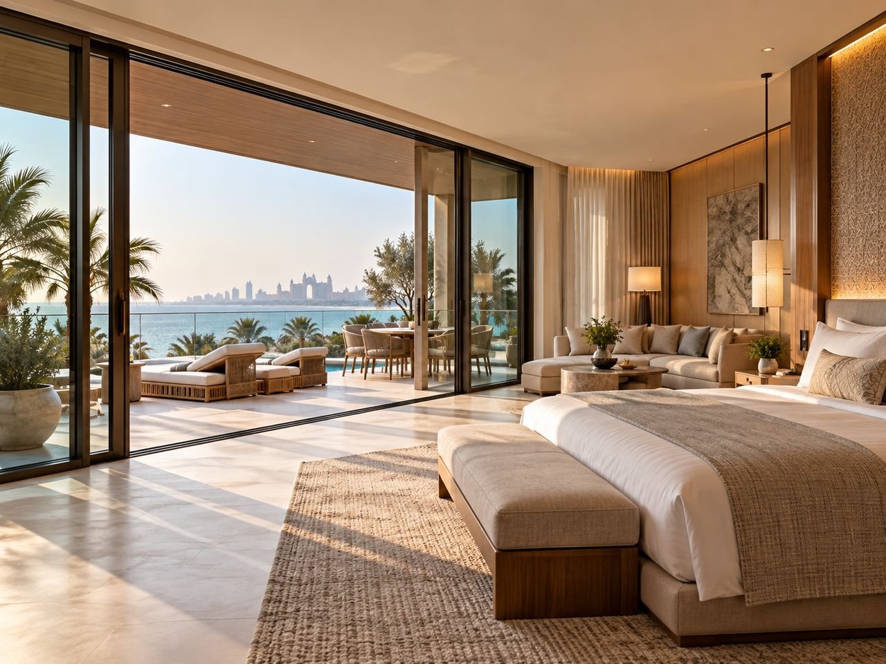 Hotel suite with floor-to-ceiling aluminium sliding doors and sea view