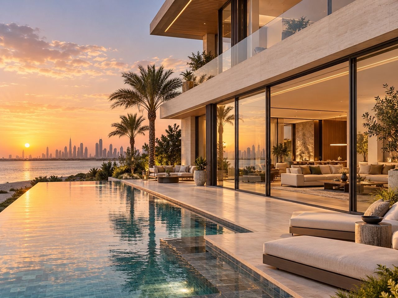 Luxury villa with slim-frame aluminium sliding doors opening onto an infinity pool at sunset