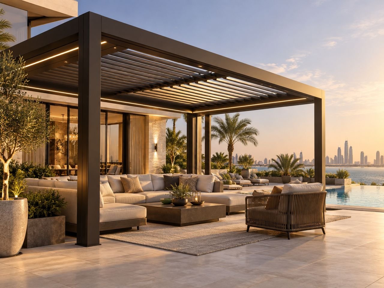Motorised aluminium pergola over an outdoor lounge terrace at dusk